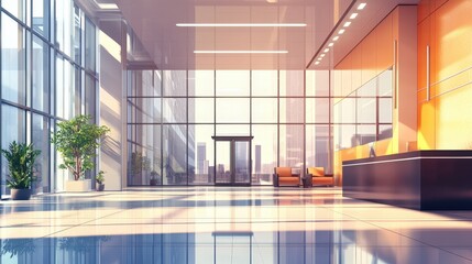 Poster - an office building, with sleek design elements such as glass walls, contemporary furniture, and stylish lighting fixtures welcoming visitors and professionals