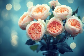 Poster - Elegant peach roses in a glass vase surrounded by a soft, dreamy background in a cozy setting
