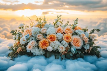 Poster - Floral arrangement amidst clouds at sunset with soft colors and serene atmosphere