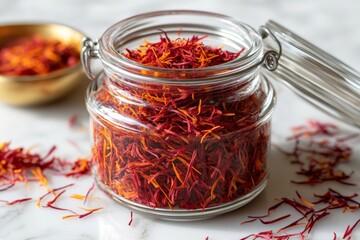 Poster - Brightly colored saffron strands in a glass jar on a marble surface with loose saffron scattered around