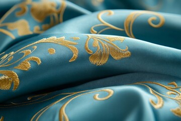 Poster - Luxurious teal fabric with intricate gold embroidery showcasing elegant floral patterns in soft textures and folds