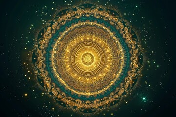 Aufkleber - Intricate golden mandala design with cosmic elements shimmering in the background