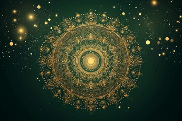 Aufkleber - Intricate golden mandala design with shimmering cosmic elements on a dark green background