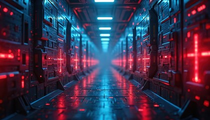 Poster - futuristic digital world with blue data blocks pulsing energy. crimson red light creates captivating