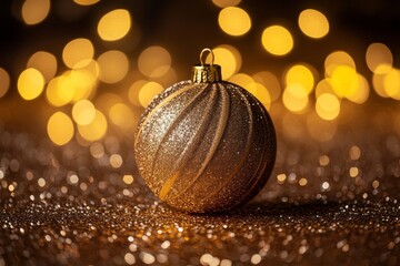 Poster - Golden ornament with glittering background celebrates the holiday spirit in a festive setting filled with lights