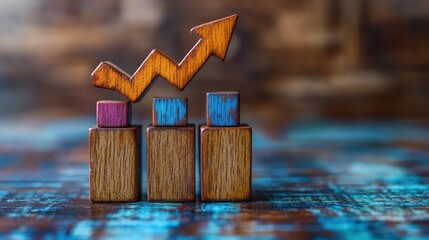 Poster - wooden blocks forming an upward trending graph, symbolizing growth and progress.