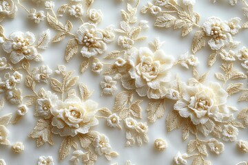 Poster - Elegant floral embroidery on fabric showcasing intricate designs and delicate craftsmanship in soft cream and gold hues