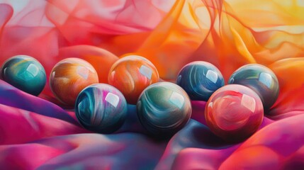 Poster - Colorful marbles arranged on vibrant silk fabric, showcasing a blend of hues and textures in a serene setting