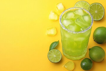 Poster - Refreshing green cocktail with lime and ice on vibrant yellow background for summer relaxation