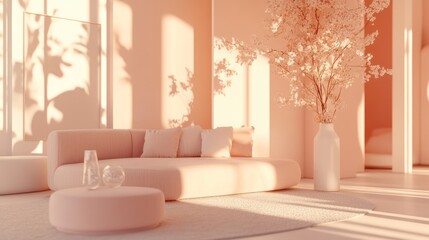 Poster - Serene pastel living room with a cozy sofa, decorative flowers, and soft sunlight casting shadows