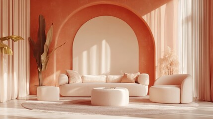 Poster - Modern living room featuring a curved sofa and armchair, with soft natural light filtering through sheer curtains