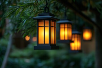 Aufkleber - Warm glow of lanterns hanging among lush foliage creates a cozy evening atmosphere in a tranquil garden