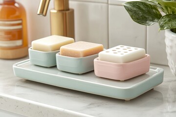 Poster - Elegant soap display in a modern bathroom with three decorative soap bars in pastel containers