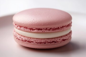 Poster - Pink macaron resting on a plate, showcasing its smooth texture and creamy filling, perfect for dessert lovers and sweet occasions in any setting