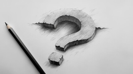 Poster - A realistic pencil drawing of a three-dimensional question mark emerging from a cracked surface, symbolizing curiosity