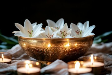 Aufkleber - Elegant arrangement of white lilies in a brass bowl with candles creating a serene atmosphere