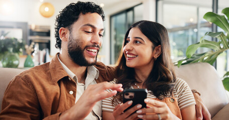 Poster - Home, relax and couple on sofa, cellphone and talking with social media, subscription or relationship. App, man or woman with smartphone, love or email notification with message, internet or marriage
