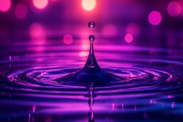 Fototapete - Droplet creating ripples in vibrant purple water at dusk with glowing background lights