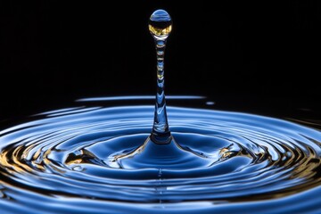 Poster - Water droplet creates ripples on calm surface highlighting fluid dynamics in a dark setting