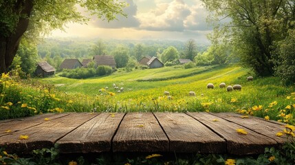 Poster - Wooden planks in idyllic rural landscape with green hills, houses, sheep, and wildflowers.