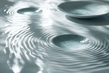 Poster - Water droplets create ripples on a serene white surface with decorative plates in soft morning light