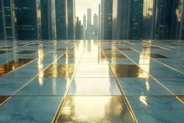 Poster - City skyline view from a reflective marble and gold tiled terrace during sunset