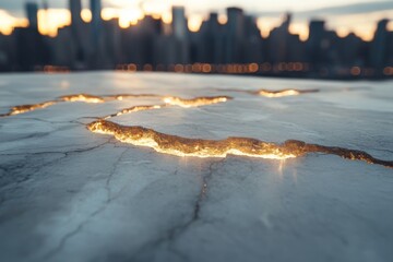 Poster - Marble surface with glowing cracks reflecting city skyline at sunset