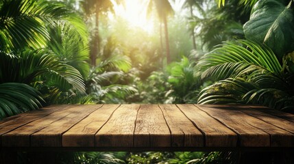 Poster - Wooden table in front of lush tropical jungle.