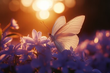 Poster - Delicate butterfly resting on flowers at sunset, capturing nature's serene beauty