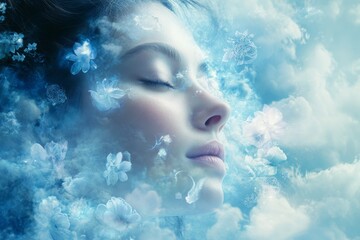 Poster - Woman dreaming among clouds and flowers in a surreal, enchanting landscape at twilight