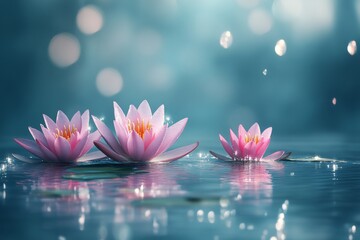 Fototapete - Pink water lilies float gracefully on a tranquil pond surrounded by soft reflections and shimmering light during a peaceful morning