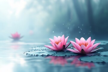 Poster - Beautiful pink lotus flowers blooming on serene water surface in a tranquil natural setting during early morning