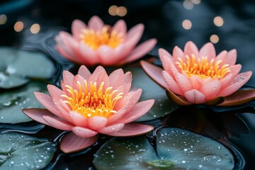 Poster - Beautiful pink water lilies bloom on a serene pond surrounded by green lily pads in the early morning light