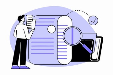 Poster - A person examines a document with a magnifying glass, highlighting the importance of research and analysis in a minimalist, graphic style.
