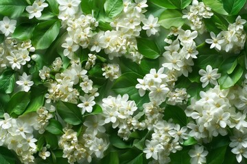 Aufkleber - Floral arrangement of delicate white flowers and lush green leaves showcasing natural beauty in a serene setting