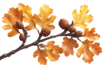 Poster - Colorful autumn oak branch showcasing vibrant leaves and acorns against a white background