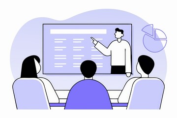 Poster - A presentation scene with a speaker engaging an audience, featuring a digital display and pie chart, emphasizing collaboration and communication.