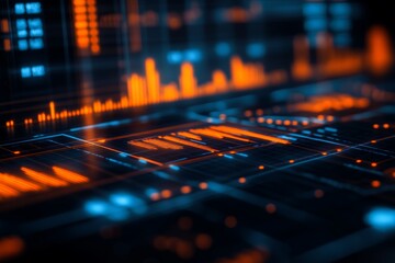 Aufkleber - Abstract digital display showing vibrant orange and blue data visualization at dawn