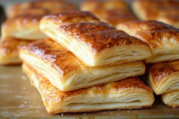 Aufkleber - Freshly baked golden pastries stacked on a baking sheet in a cozy kitchen setting