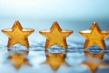 Aufkleber - Three golden star-shaped candies arranged in a row with a soft focus background highlighting their glossy texture