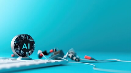 Poster - A close-up view of a circular AI symbol situated on a keyboard, surrounded by various electronic cables, illustrating the integration of artificial intelligence in technology.