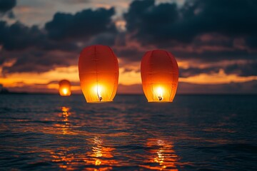 Aufkleber - Lanterns floating on water at sunset create a serene atmosphere by the beach
