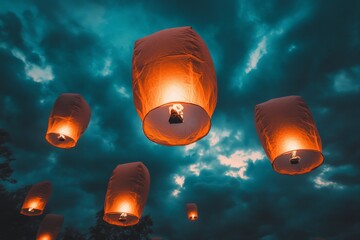 Poster - Floating lanterns illuminate the night sky during a festive celebration in a tranquil setting