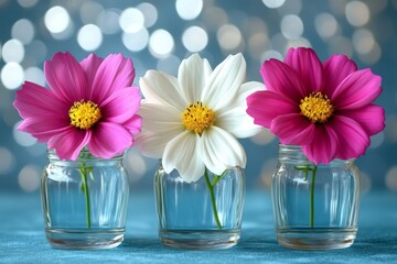Poster - Beautiful colorful flowers in glass jars on a blue background with bokeh lights during daytime