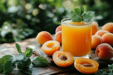 Poster - Freshly squeezed apricot juice served with ripe apricots and mint leaves on wooden table in a lush garden