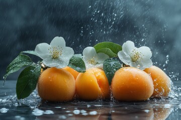 Aufkleber - Fresh apricots with flowers and droplets against a textured background create a refreshing atmosphere