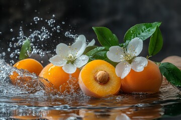 Aufkleber - Fresh apricots with blossoms splashing in water create a vibrant natural display