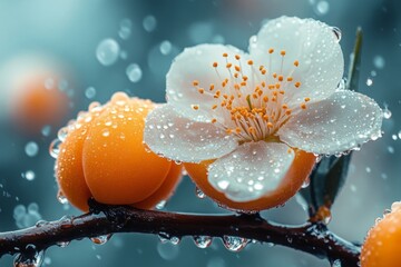 Poster - Blossom and fruit on a branch with droplets in a serene garden setting during early spring