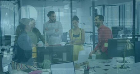 Poster - Diverse team collaborating in modern office with digital data overlay animation