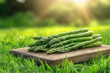 Aufkleber - Freshly harvested green asparagus on a wooden cutting board in a sunny garden setting during golden hour